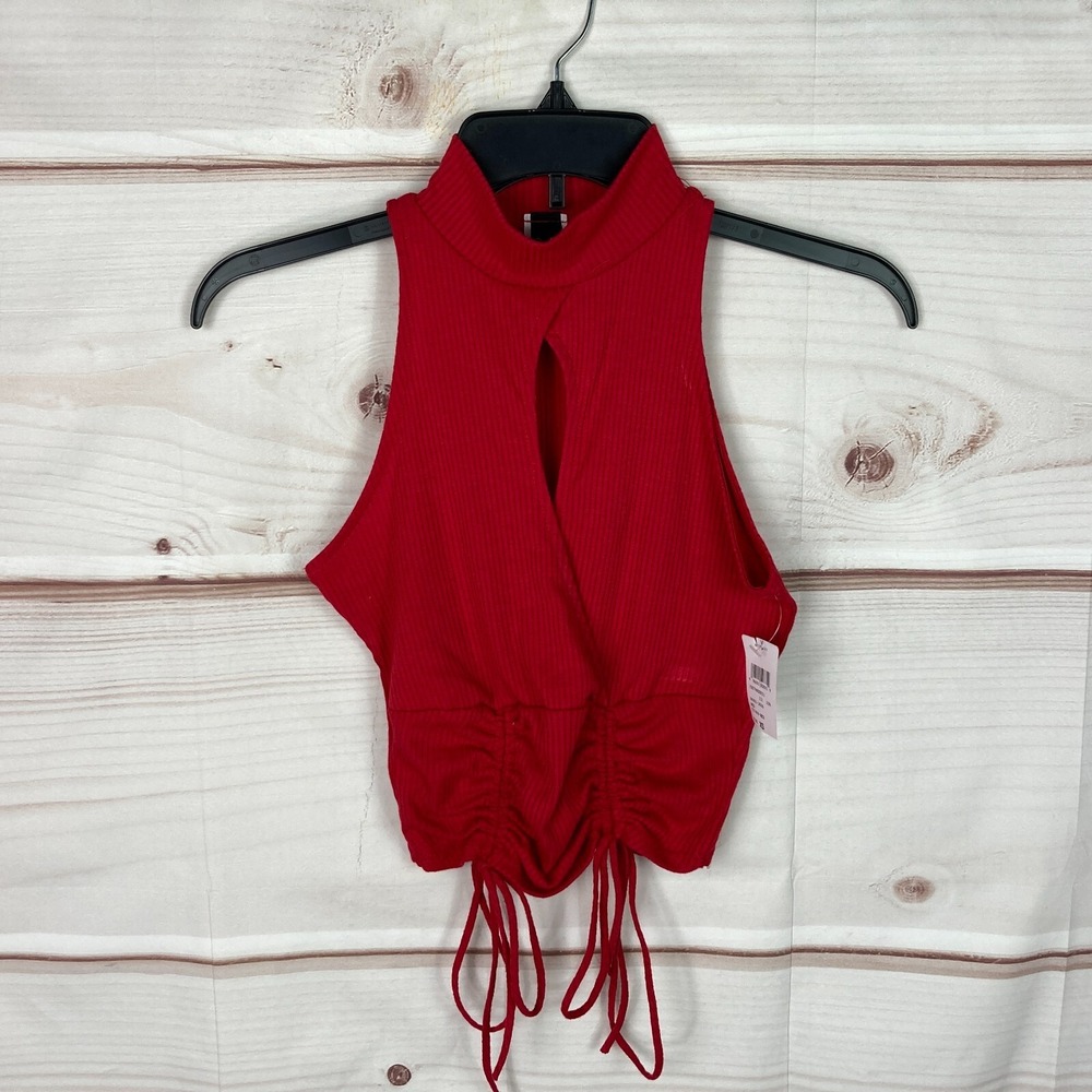 Windsor Top Womens XS Red Rib Knit Tank Mock Neck Keyhole Cut Out Ruched Cropped